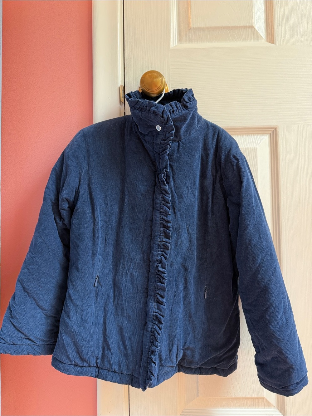 Girls Navy Corduroy Navy Blue Ruffled Front Jacket